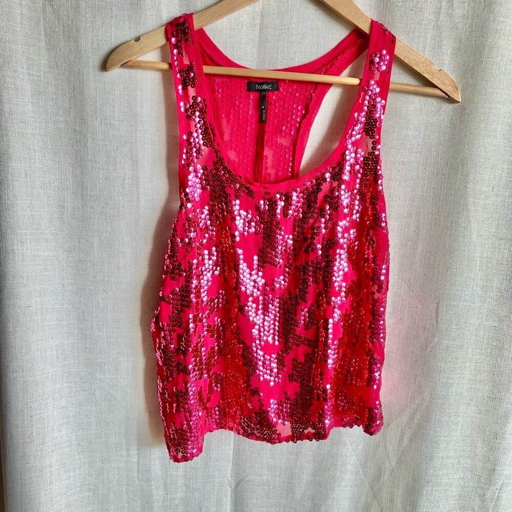 New VTG Nollie Womens Y2K Sequin Cropped Tank Size‎ M Pink NYE Festive Bright - Picture 3 of 16